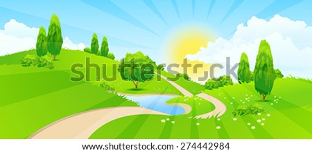 Green Landscape with Hills, Trees, Clouds, Lake, Sun and Road