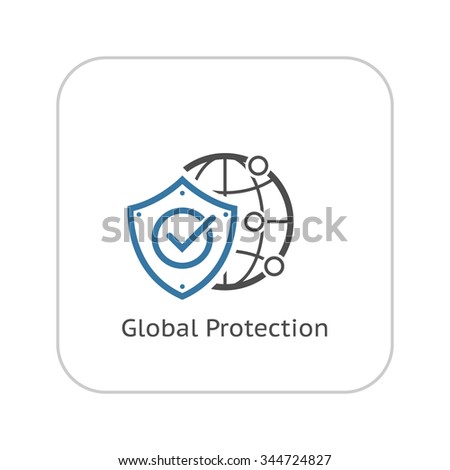 Global Protection Icon. App sign. UI symbol. Flat design. Isolated Illustration. Globe with shield.