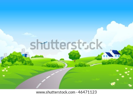 Green landscape with road trees city house and clouds