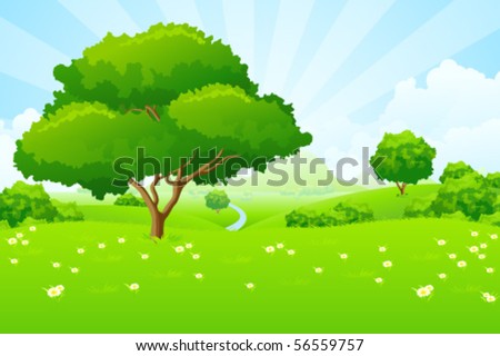 Tree Landscape with blue sky mountains flowers and clouds