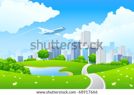 Green City Landscape with road lake and flowers