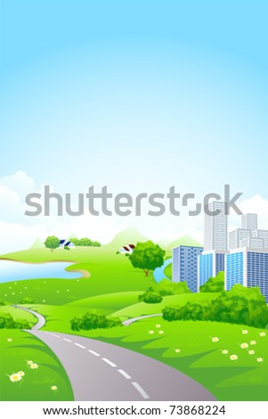 Green City Landscape with road lake and flowers