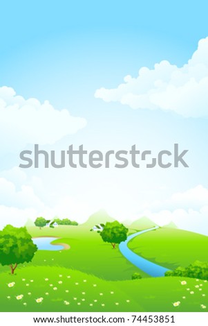 Green landscape with tree lake river house mountains and clouds