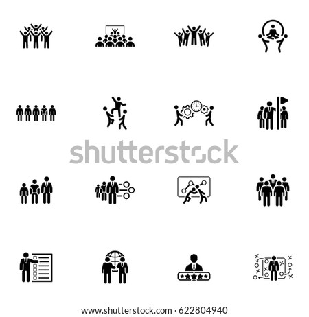 Flat Design Business Team Icons Set including Meeting, Training, Teamwork, Team Building, Management, Career, Tactics. Isolated Illustration. App Symbol or UI element.