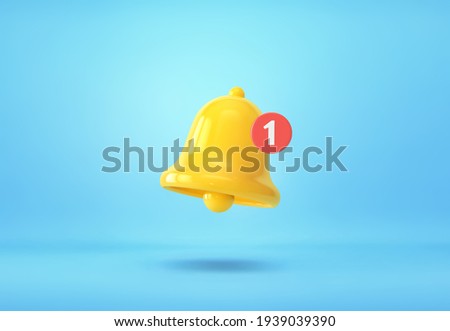 Yellow notification bell with one new notification on blue background. 3D rendering