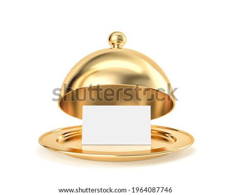 Golden cloche and tray with blank paper template isolated on white. 3D rendering with clipping path Photo stock © 