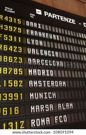 Departure schedule at an airport in Italy. Flights to Bari, Frankfurt, Lyon, Valencia, Barcelona, Madrid, Amsterdam, Munich, Marsa Alam and Rome. No airlines symbols visible.