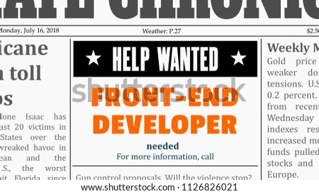 Job offer - front-end developer. IT career newspaper classified ad in fake generic newspaper.