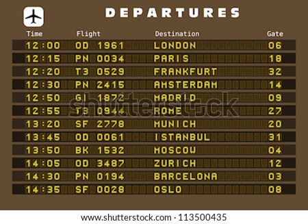 Departure board - destination airports. Vector illustration. Europe destinations: London, Paris, Frankfurt, Amsterdam, Madrid, Rome, Munich, Istanbul, Moscow, Zurich, Barcelona and Oslo.