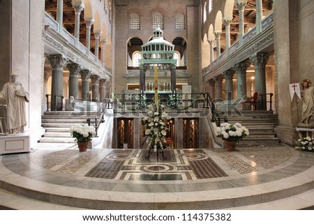 ROME - APRIL 9: Interior of Basilica of Saint Lawrence outside the Walls on April 9, 2012 in Rome, Italy. Famous church is the shrine tomb of the church\'s namesake, Saint Lawrence.