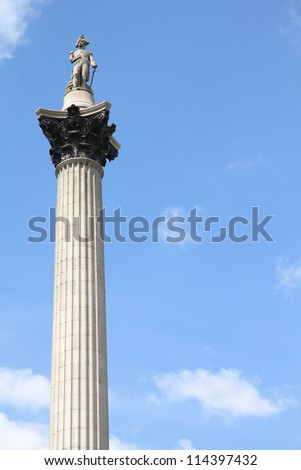 London, United Kingdom - famous Nelson\'s Column at Trafalgar Square. Sir Horatio Nelson was a flag officer, vice admiral of Royal Navy.