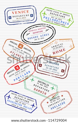 Various colorful visa stamps (not real) on a passport page. International business travel concept. Frequent flyer visas.