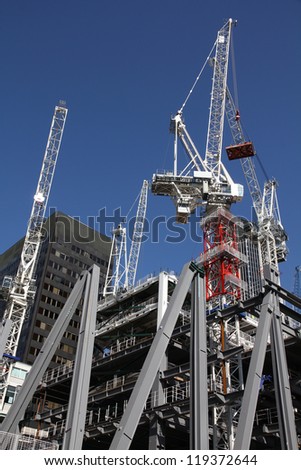 Generic skyscraper construction in London, England. Office building development.
