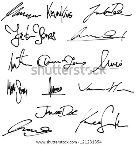 Signatures set - group of fictitious contract signatures. Business autograph illustration.