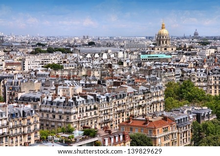 Paris, France - aerial city view with Invalides Palace and Pantheon. UNESCO World Heritage Site.
