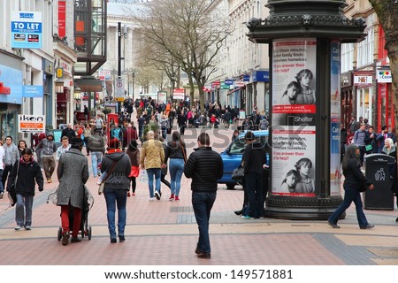 BIRMINGHAM, UK - APRIL 19: People shop downtown on April 19, 2013 in Birmingham, UK. Birmingham is the most populous British city outside London with 1.07 million residents.