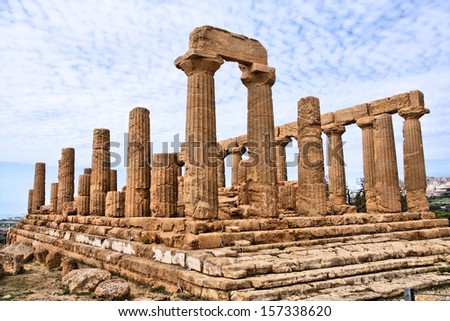 Agrigento, Sicily island in Italy. Famous Valle dei Templi, UNESCO World Heritage Site. Greek temple - remains of the Temple of Juno.