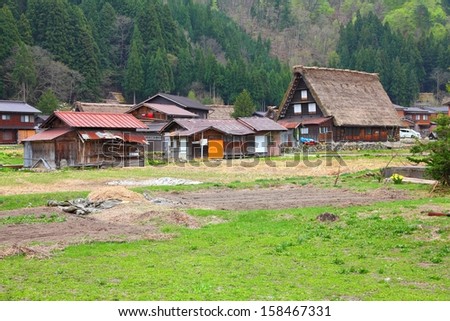 Japan - house with thatched roof in Shirakawa-Go, famous village listed as UNESCO World Heritage Site. Gifu prefecture.