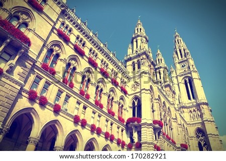 Vienna, Austria - famous City Hall building. The Old Town is a UNESCO World Heritage Site. Cross processed retro color tone.