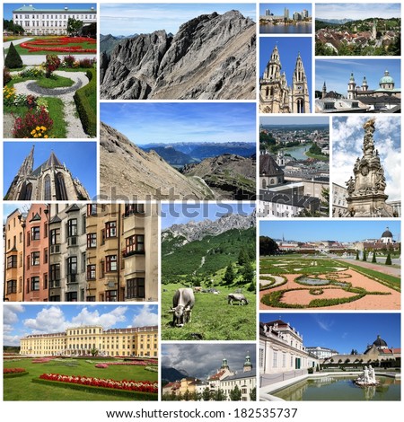 Photo collage from Austria. Collage includes major cities like Vienna, Salzburg, Innsbruck and Linz. Also Tirol Alps landscapes.