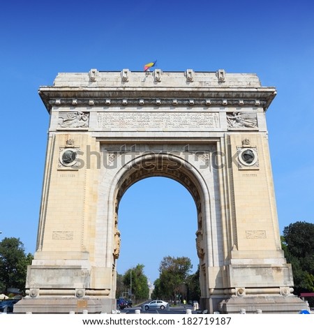 Bucharest, capital city of Romania. Arcul de Triumf - famous triumphal arch. Square composition.