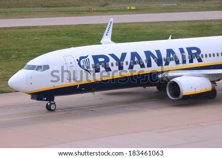 BIRMINGHAM, UK - APRIL 24, 2013: Pilots taxi Ryanair Boeing 737 at Birmingham Airport, UK. Ryanair carried 81.4 million passengers in 2013.