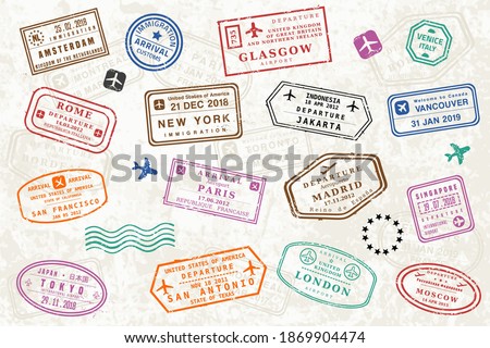 World travel passport stamps. Vector illustration old style visa passport stamp set. Novelty stamps (not official versions).