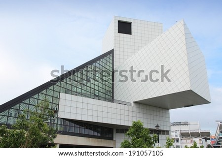 CLEVELAND, USA - JUNE 29, 2013: Exterior view of Rock and Roll Hall of Fame in Cleveland. It is a famous museum established in 1983, depicting history of influential rock artists.