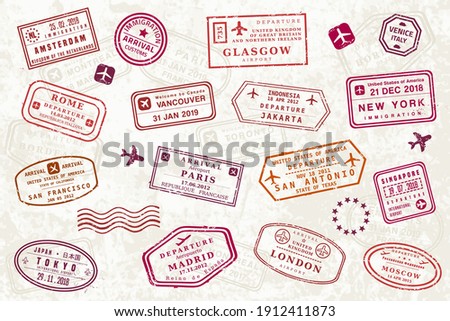 World passport stamp collection. Vector illustration old style travel passport stamps. Novelty stamps (not official versions).