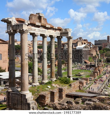 Rome, Italy - ancient Roman Forum, UNESCO World Heritage Site. Square composition.