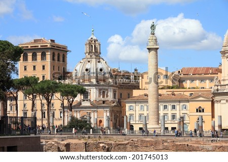 ROME, ITALY - APRIL 8, 2012: Tourists visit Trajan Forum in Rome. According to Euromonitor, Rome is the 3rd most visited city in Europe (5.5m international tourist arrivals 2009)