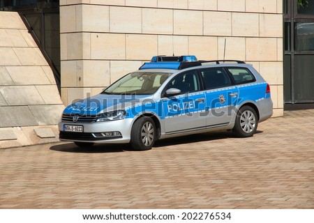 DUSSELDORF, GERMANY - JULY 8, 2013: VW Passat car of North Rhine-Westphalia police in Germany. NRW Police employs 50,000 people.