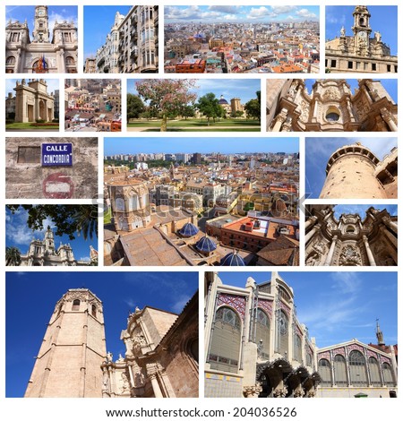 Photo collage from Valencia, Spain. Collage includes major landmarks like the cathedral, churches and the city hall.