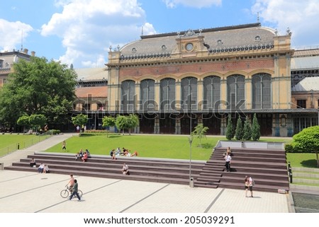 BUDAPEST, HUNGARY - JUNE 19, 2014: People visit Nyugati Railway Station (Western) in Budapest. It is the largest city in Hungary and 9th largest in the EU (3.3 million people).