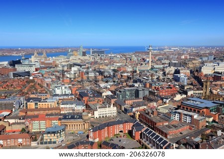 Liverpool - city in Merseyside county of North West England (UK). Aerial view.