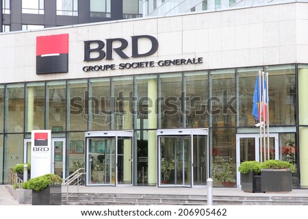 BUCHAREST, ROMANIA - AUGUST 19, 2012: BRD Bank of Societe Generale group branch in Bucharest. BRD is the 2nd largest bank by assets (about 8.7bn EUR) in Romania.