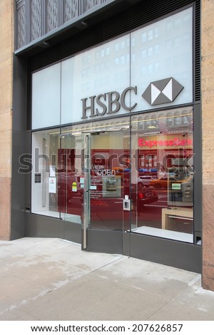 NEW YORK, USA - JULY 3, 2013: HSBC Bank branch on in New York. HSBC is one of largest bank groups, holding assets of $2.69 trillion worldwide (2012).