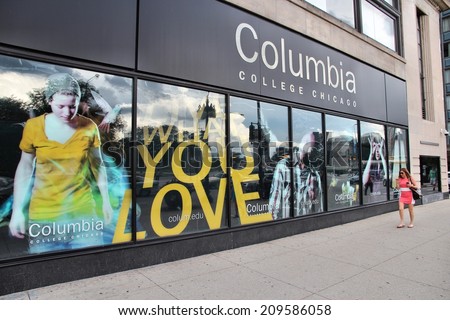 CHICAGO, USA - JUNE 27, 2013: Person walks past Columbia College in Chicago. It is a higher education institution specializing in arts and media. It has 10,142 students (2014).