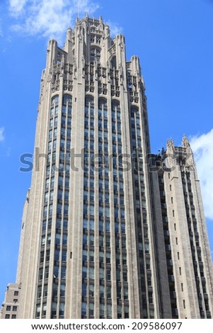 CHICAGO, USA - JUNE 27, 2013: Tribune Tower neo-gothic skyscraper in Chicago. It is 462 ft (141 m) tall and is part of Michigan-Wacker Historic District.
