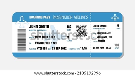 Boarding pass template. Travel flight ticket vector illustration with QR code.