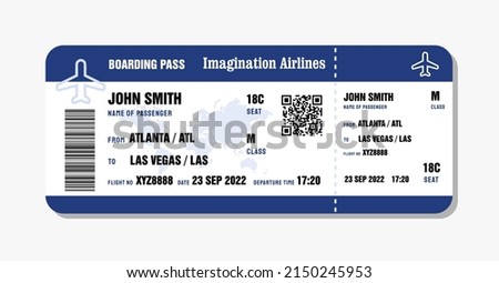 Modern airline boarding pass vector. Flight ticket template. Blue boarding pass.