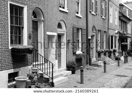 Old Philadelphia, Pennsylvania in the United States. Famous Elfreth's Alley historic district, old landmark. Black and white vintage style photo. Foto stock © 