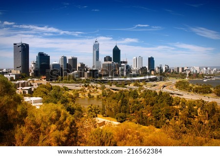Perth, Australia. City wide skyline view from Kings Park. Australian urban cityscape.