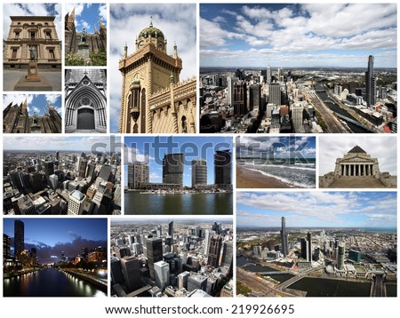 Photo collage from Melbourne, Australia. Collage includes city skyline, skyscrapers and cathedral.