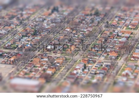 Suburban Chicago - residential neighborhood tilt shift focus style. United States aerial view.