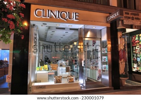 BUDAPEST, HUNGARY - JUNE 21, 2014: Clinique skincare, cosmetics and fragrance store in Budapest. Clinique was founded in 1968 and is part of Estee Lauder Companies.