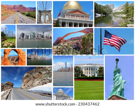Photo collage from United States. Collage includes major landmarks like New York City, Washington DC, Chicago, Boston, Rocky Mountains and Utah.