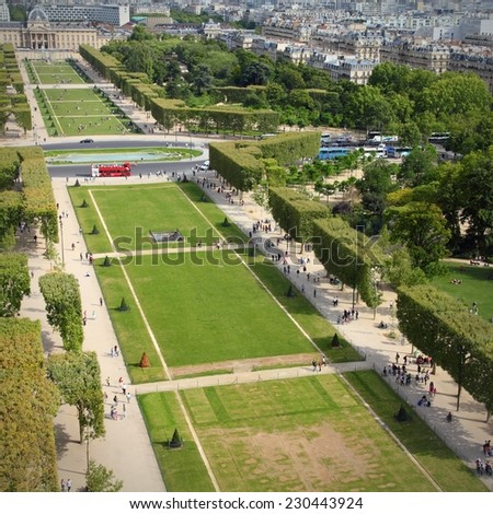 Paris, France - cityscape with Field of Mars gardens. Square composition.