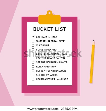 Bucket list life plans checklist. Example bucketlist with travel ideas.