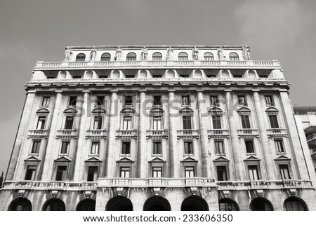 Old building in Padua, Italy. Vintage architecture. Black and white tone - retro monochrome color style.